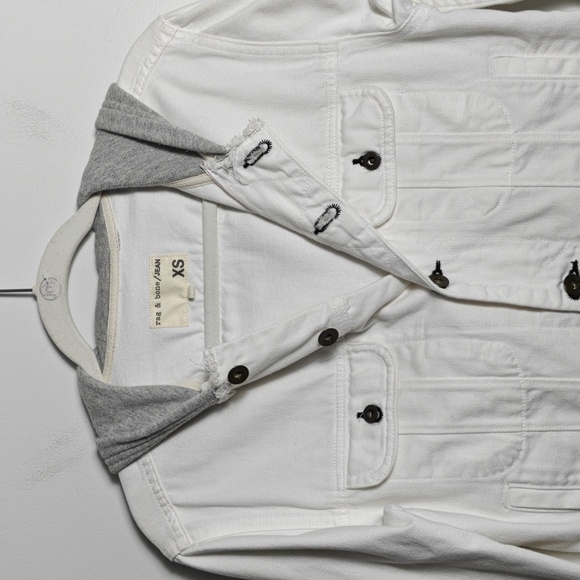 RAG & BONE / JEAN Button Up White Jean Jacket With Gray Hood Size Xsmall - Picture 9 of 16